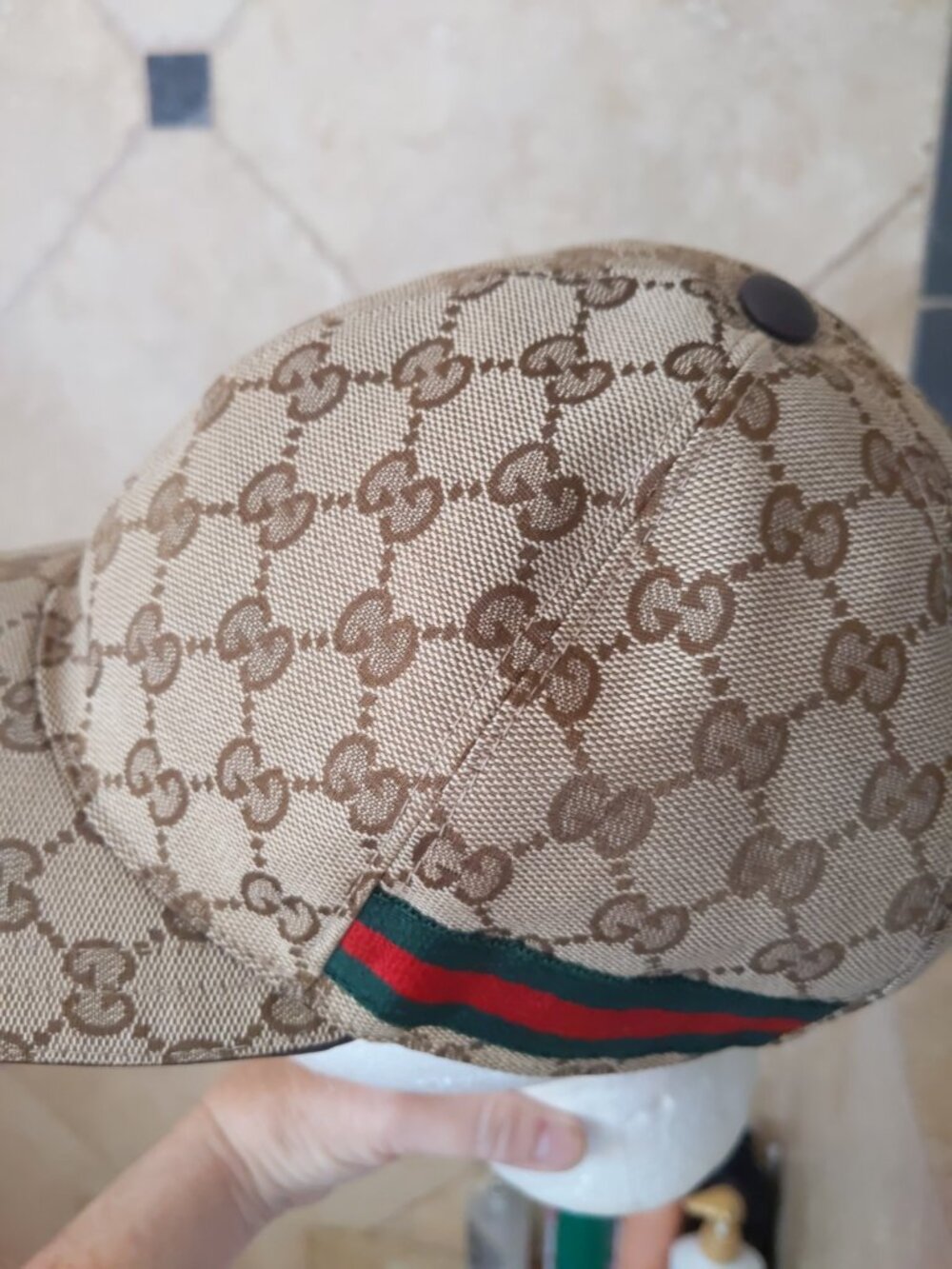 Gucci GG Logo Baseball Cap Beige Brown Striped Green Red Women - Picture 2 of 6